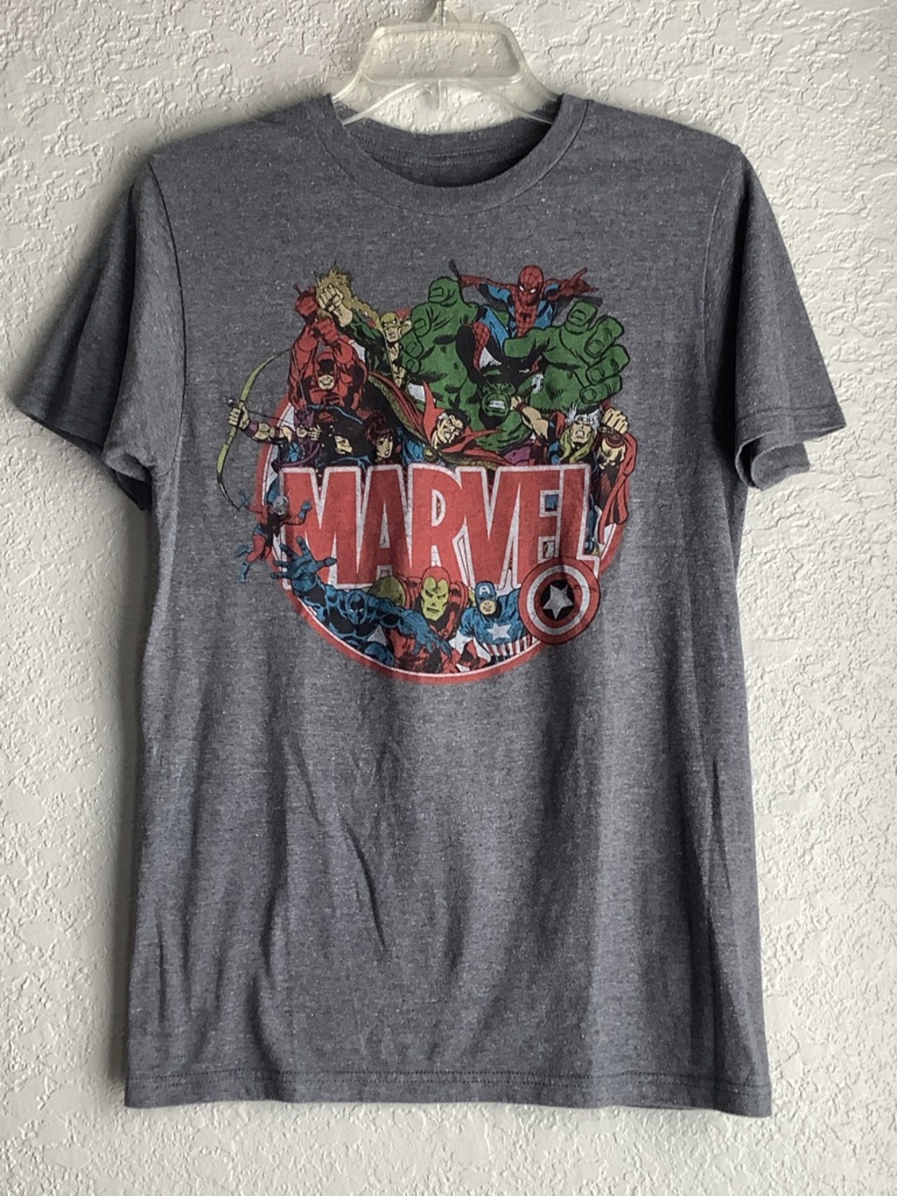 Marvel Gray Short Sleeve Tee with Multicolor Superhero Graphic